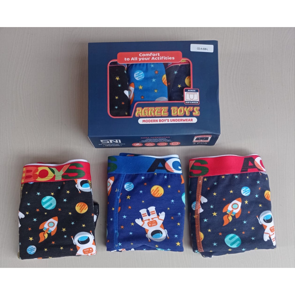 1 Box isi 3 Pcs Celana Dalam Boxer Agree 508 - CD Boxer Anak Laki laki - Full Print