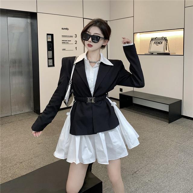 Suhao One-Piece Suit Hitam Kasual Blazer Wanita Berpinggang Temperamen Setelan Kecil Top Kemeja Lengan Panjang Gaun