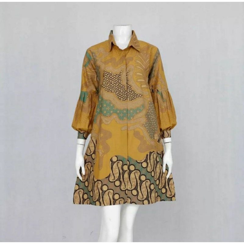 tunik batik modern wanita kancing depan motif abstrak warna kuning