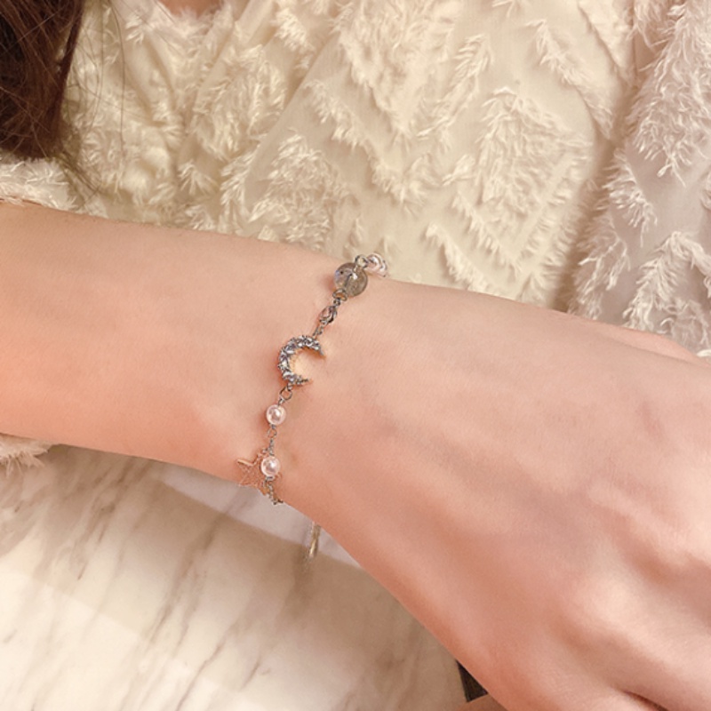 Papaozhu Korea Mutiara Manik-Manik Kristal Planet Bintang Bulan Gelang Untuk Wanita Gadis Langit Berbintang Pesona Pergelangan Tangan Rantai Gelang Fashion Perhiasan