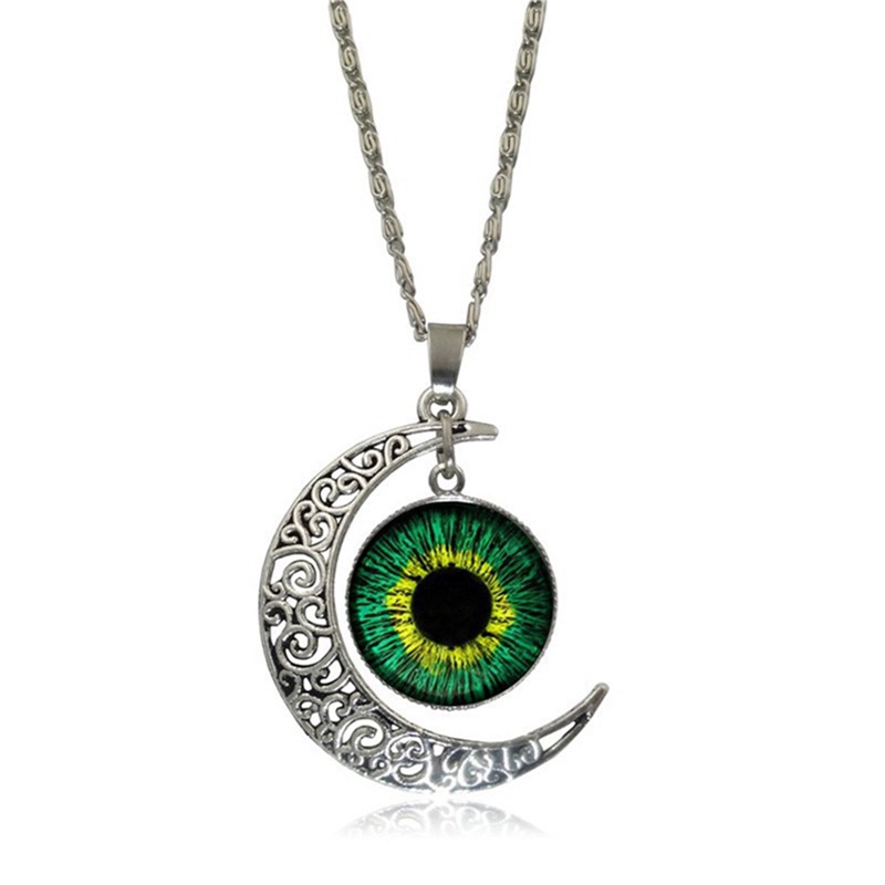 Mata Kucing Warna-Warni Mata Naga Desain Bulan Liontin Buatan Tangan Vintage Cat Eyes Glass Dome Moon Necklace