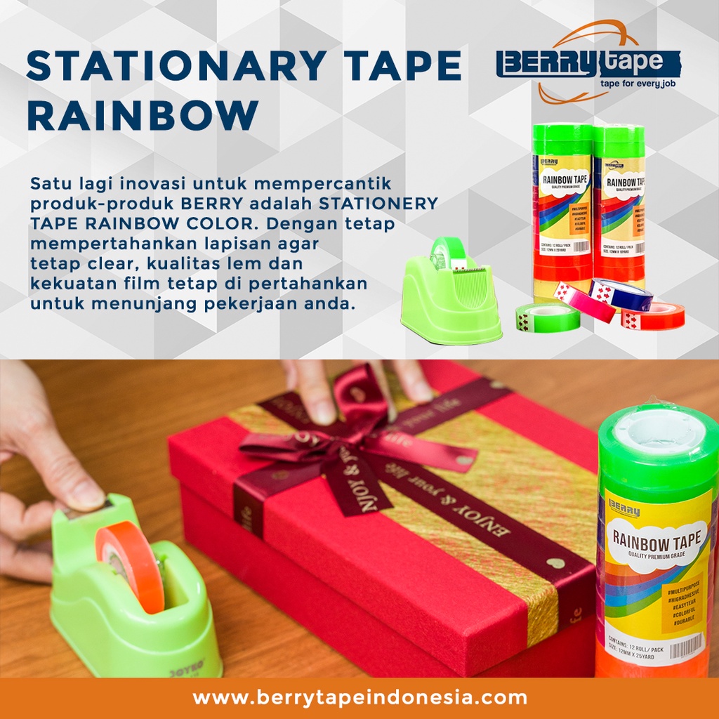

Stationery Tape BERRY Rainbow 12mm x 25 yard Solasi bening 12mm x 20mtr