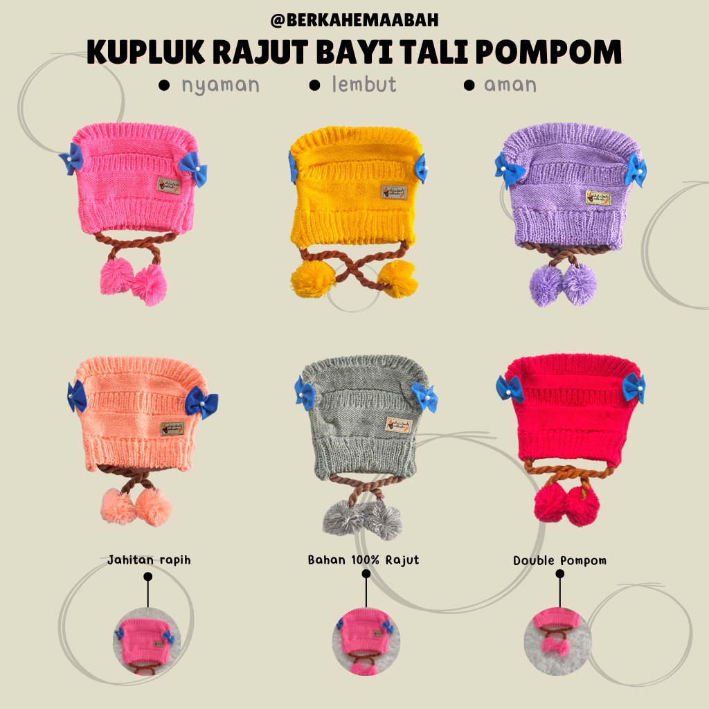 Topi Kupluk Rajut Bayi Tali Pompom untuk Bayi umur 0-2 tahun | Kupluk Rajut Bayi Laki-laki dan Perempuan Tali Pompom | Kupluk Rajut Bayi Pompom | Topi Kupluk Rajut Bayi Lipat | Topi Bayi | Kupluk Rajut Bayi