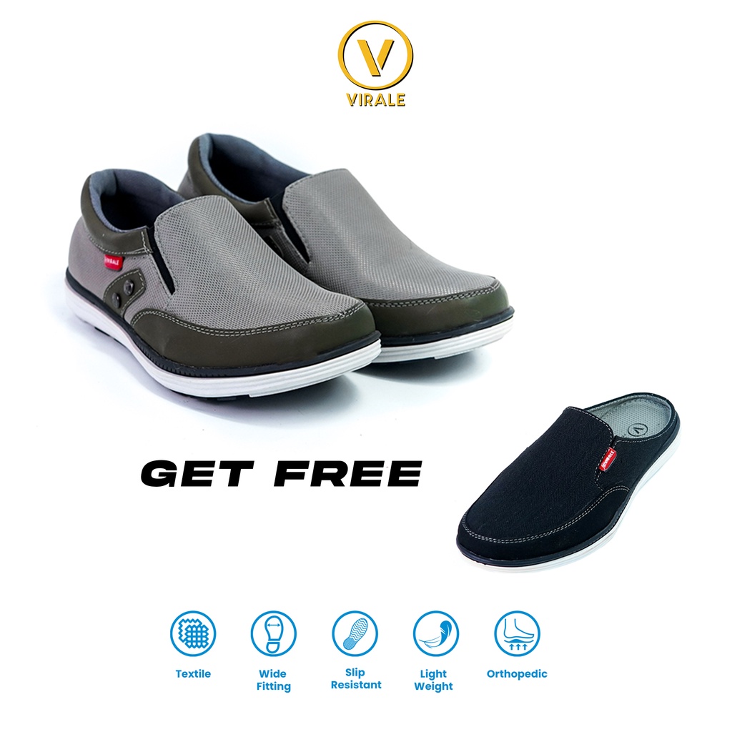 Sepatu Slip On Pria BELI 1 GRATIS 1 Selop  / Sepatu Selop Pria Casual BG 01 AB