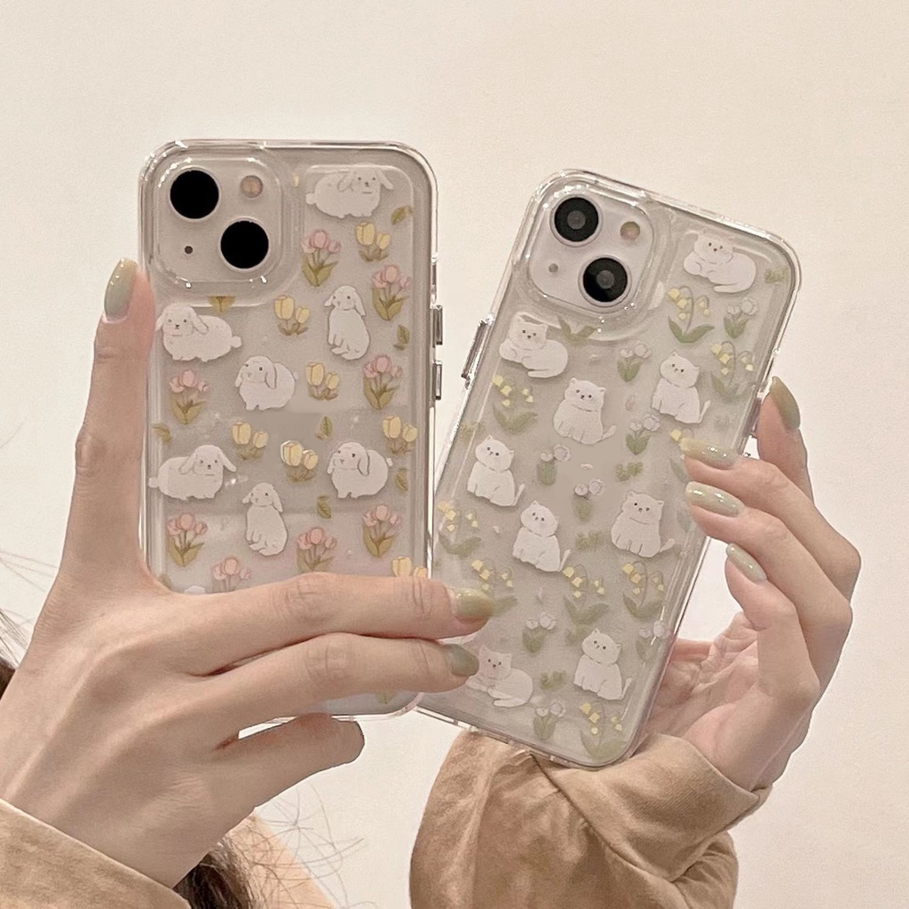 IPHONE Casing Ponsel Transparan Lembut Tulip Kucing Lucu Kompatibel Untuk Iphone14 13 12 11 Pro XS Max X XR 7 +8 Plus Shockproof Case TPU Cover