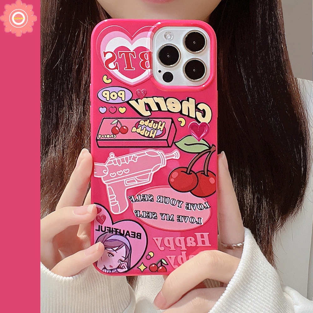 Case Compatible for IPhone 14 11 13 12 Pro Max XR 7 8 Plus X XS Max SE 2020 Candy Glossy Shockproof Protection Camera Ros Red Cartoon Label Cherry Soft Tpu Silicon Back Cover