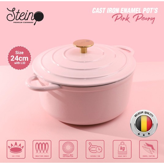 Stein Cookware - Non-Stick Cast Iron Enamel Pot | Pink Peony