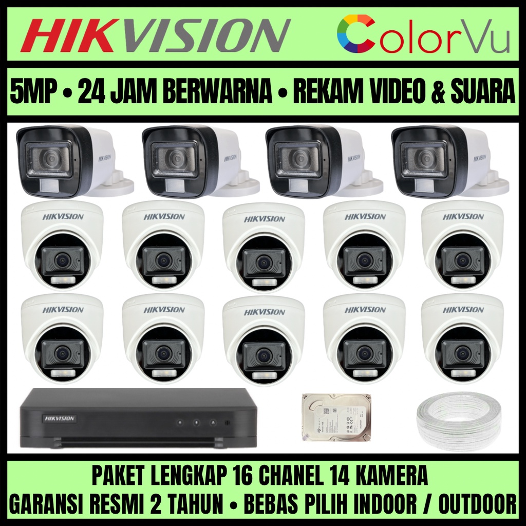 PAKET CCTV HIKVISION COLORVU 3K 5MP 16 CHANNEL 14 CAMERA KAMERA CCTV COLORFUL