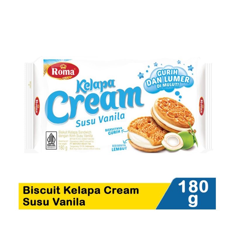 

ROMA KELAPA CREAM BISKUIT SUSU VANILLA COKELAT 180G