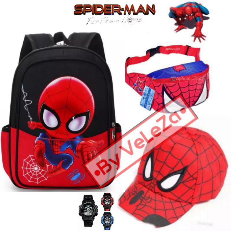 Tas ransel anak canvas karakter Spiderman gratis waistbag topi jam tangan - tas anak