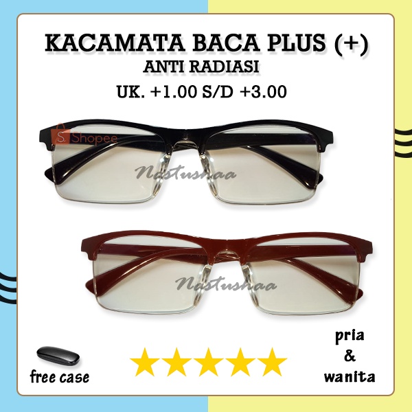 KACAMATA BACA PLUS UK. +1.00 S/D +3.00 RABUN DEKAT BINGKAI SEMI RIMLESS LENSA ANTI RADIASI BENING UNISEX FREECASE