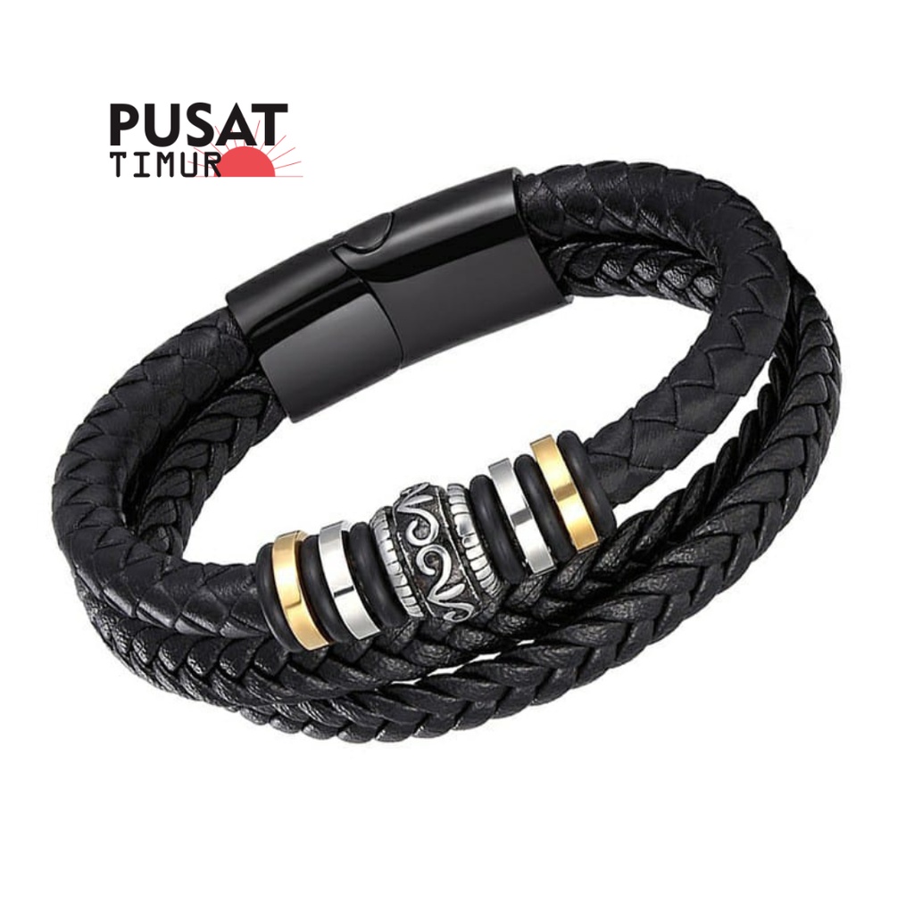 Gelang Kulit Asli Multi Tiga Layer Geometri Hitam Emas I PUSAT TIMUR