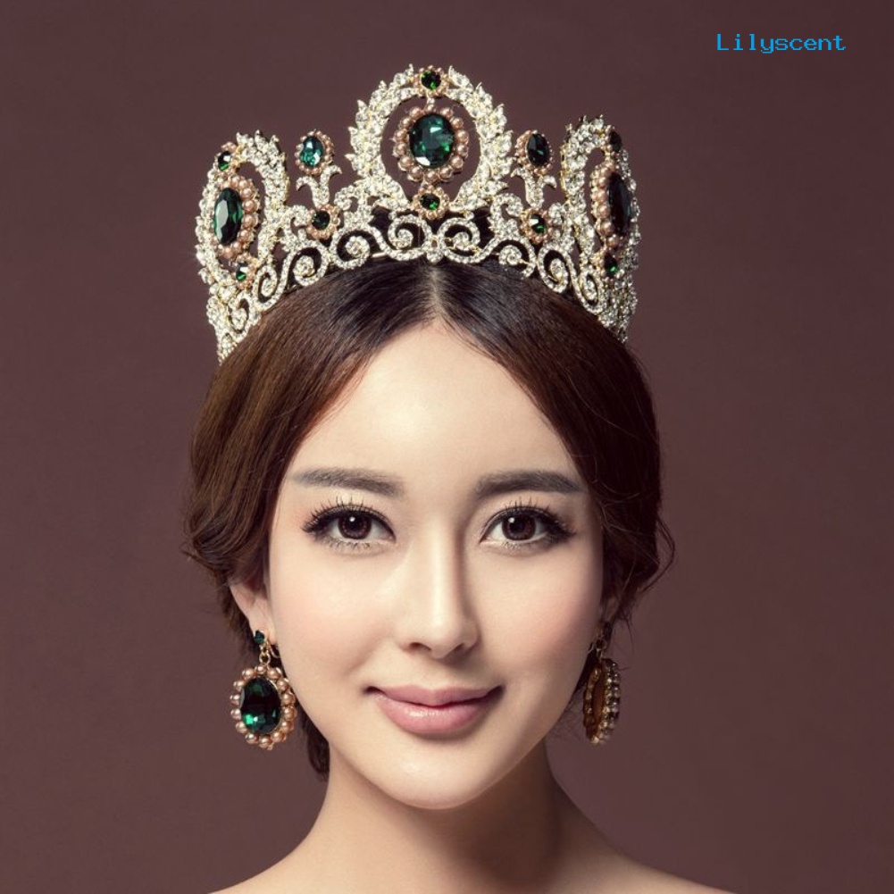 [LS]Baroque Wanita Berlian Imitasi Mahkota Mutiara Imitasi Tiara Anting Set Perhiasan Pernikahan