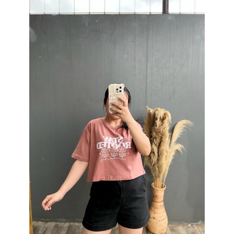 CROP STAY ROOTED MOTIF ONECK COTTON OVERSIZE | BAJU KAOS TUMBLR CROP TEE TSHIRT KAOS KOREA FASHION WANITA