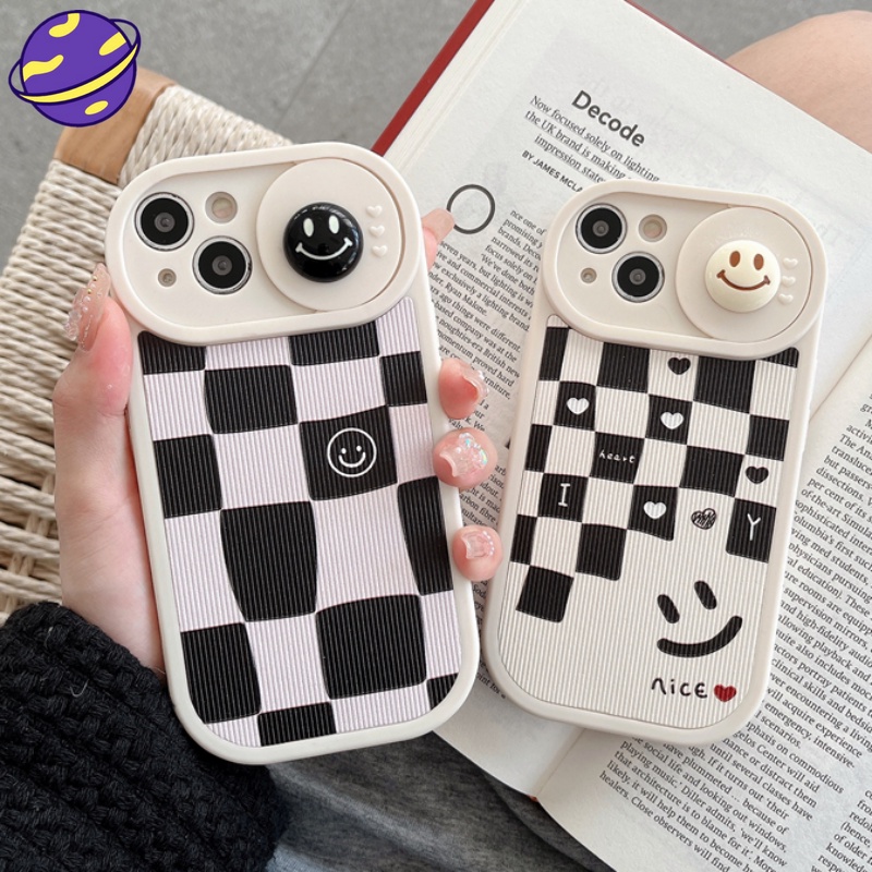 IPHONE Jendela Sliding Hitam Putih Wajah Tersenyum Casing Handphone Untuk Iphone14 13 12 11 Pro Max 14Plus All Inclusive Lensa Kartun Casing Pelindung