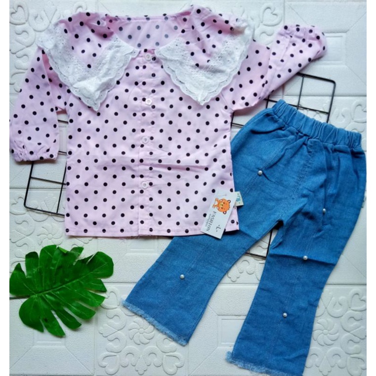 [1-5T] SETELAN BLOUSE KEMEJA CELANA JEANS ANAK PEREMPUAN IMPORT 1-5 TAHUN LENGAN PANJANG BLOUSE REMPEL POLKADOT / SETELAN ANAK CEWEK IMPORT CELANA JEANS PANJANG BLOUSE POLKADOT