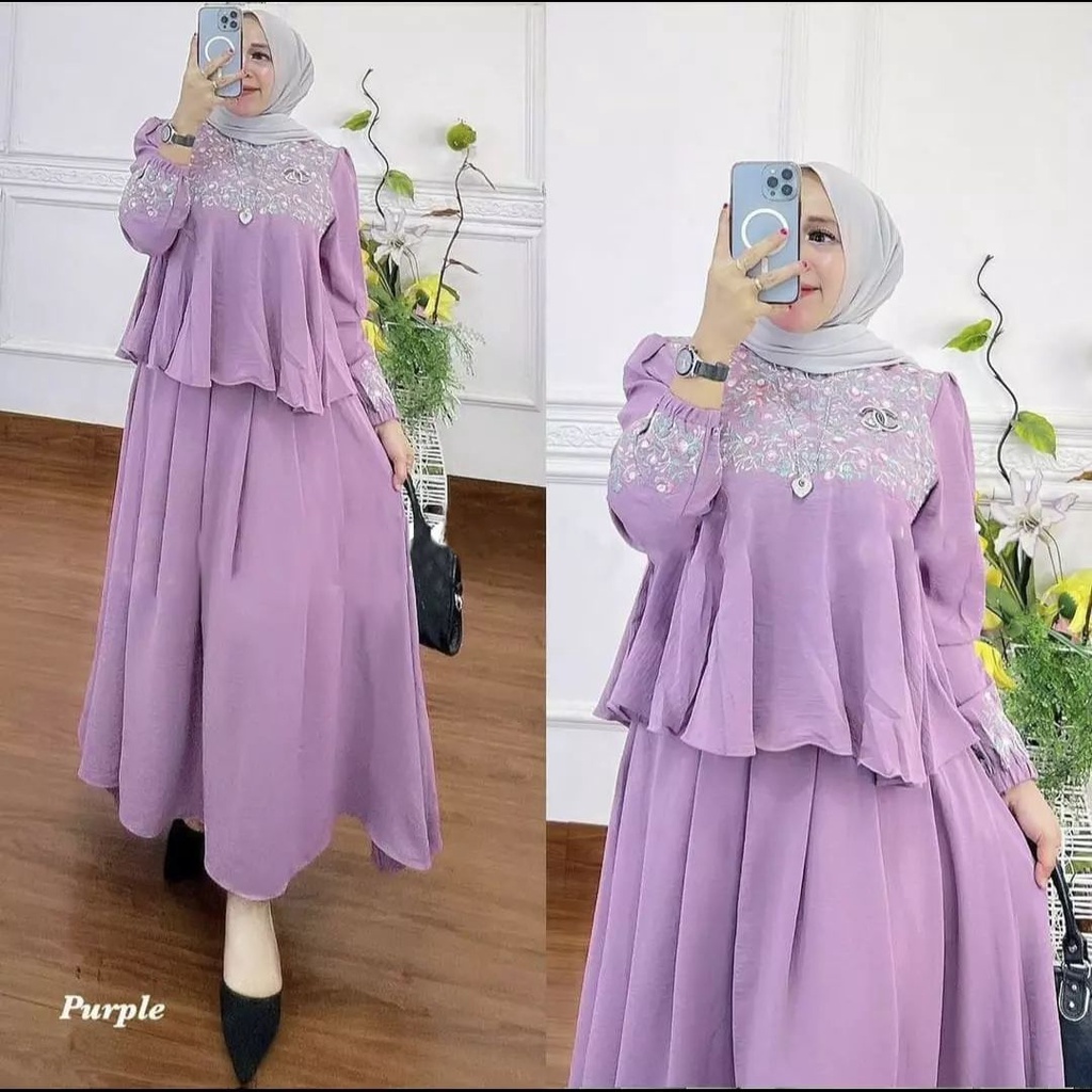 Baju Setelan Rok Wanita Muslimah Kekinian Mozay Set Crinkle Aplikasi Bordir Pakaian Wanita Bordir Terbaru Fashion Outfit