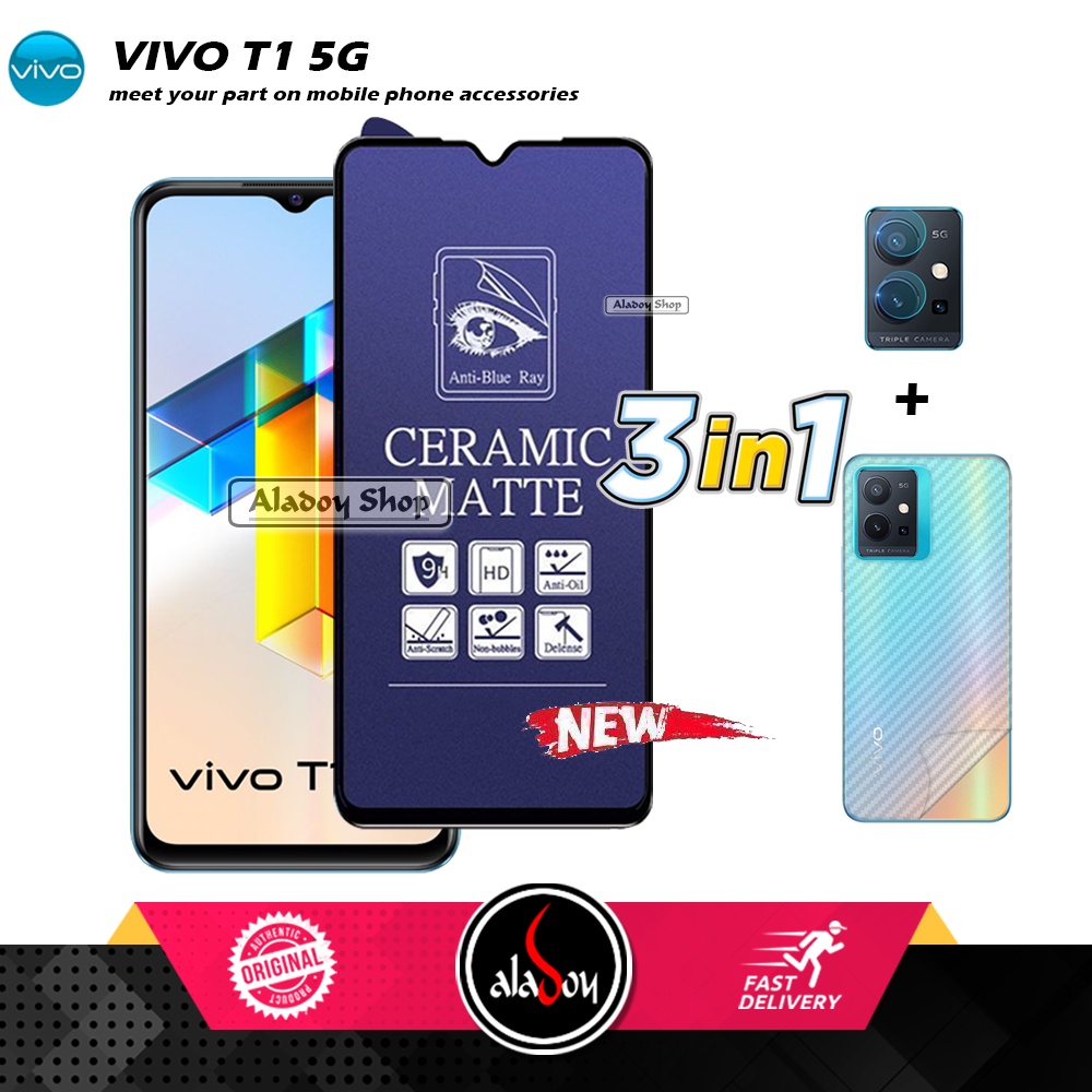 PAKET 3IN1 Anti Gores Blue Matte Anti Glare Vivo T1 5G + Tempered Glass Camera dan Skin Carbon