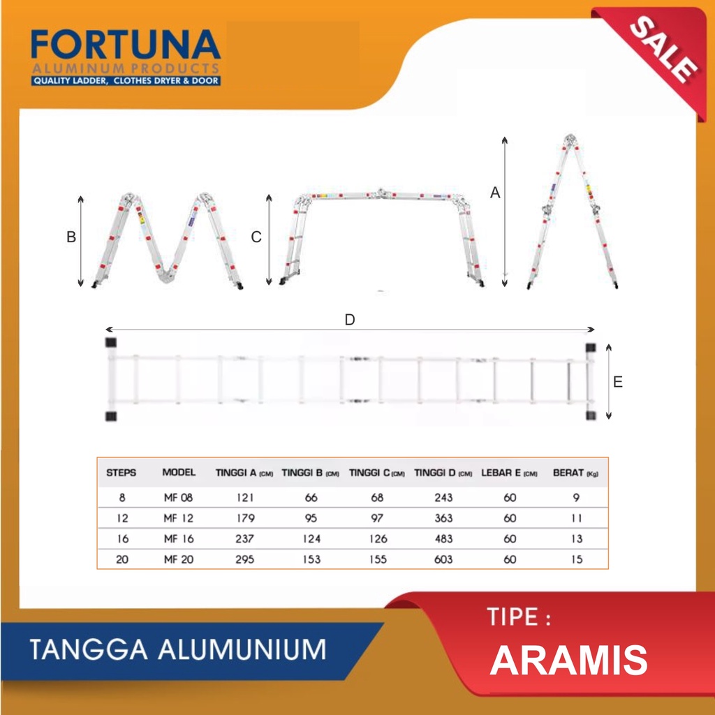 Fortuna Aramis MF16 Tangga Lipat Multiguna Aluminium Tinggi 237cm Bentang 4.8meter MF 16