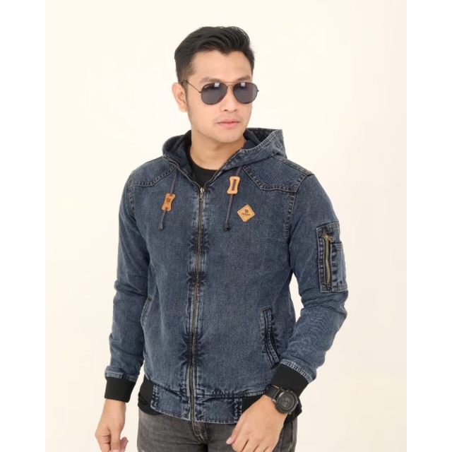JAKET JEANS PRIA HOODIE LOGO KULIT/ JAKET BOMBER JEANS HOODIE