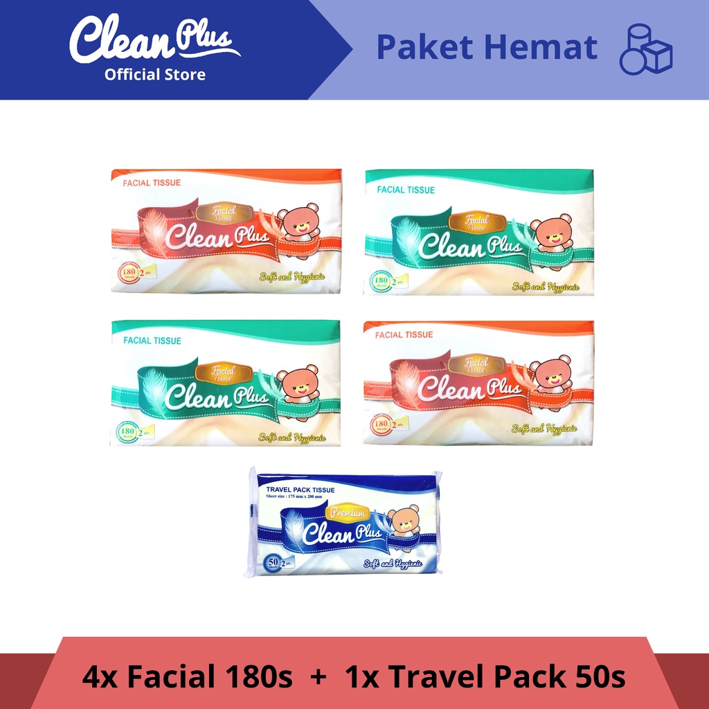 	 Clean Plus Softpack Tissue 180'S Beruang (4 pack) BONUS TRAVELPACK CLEAN PLUS (1 pack)	