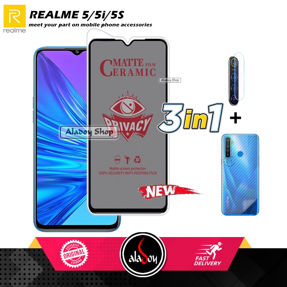 Tempered Glass Anti SPY Realme 5/5i/5S Anti Gores Privacy + Tempered Glass kamera dan Skin Carbon