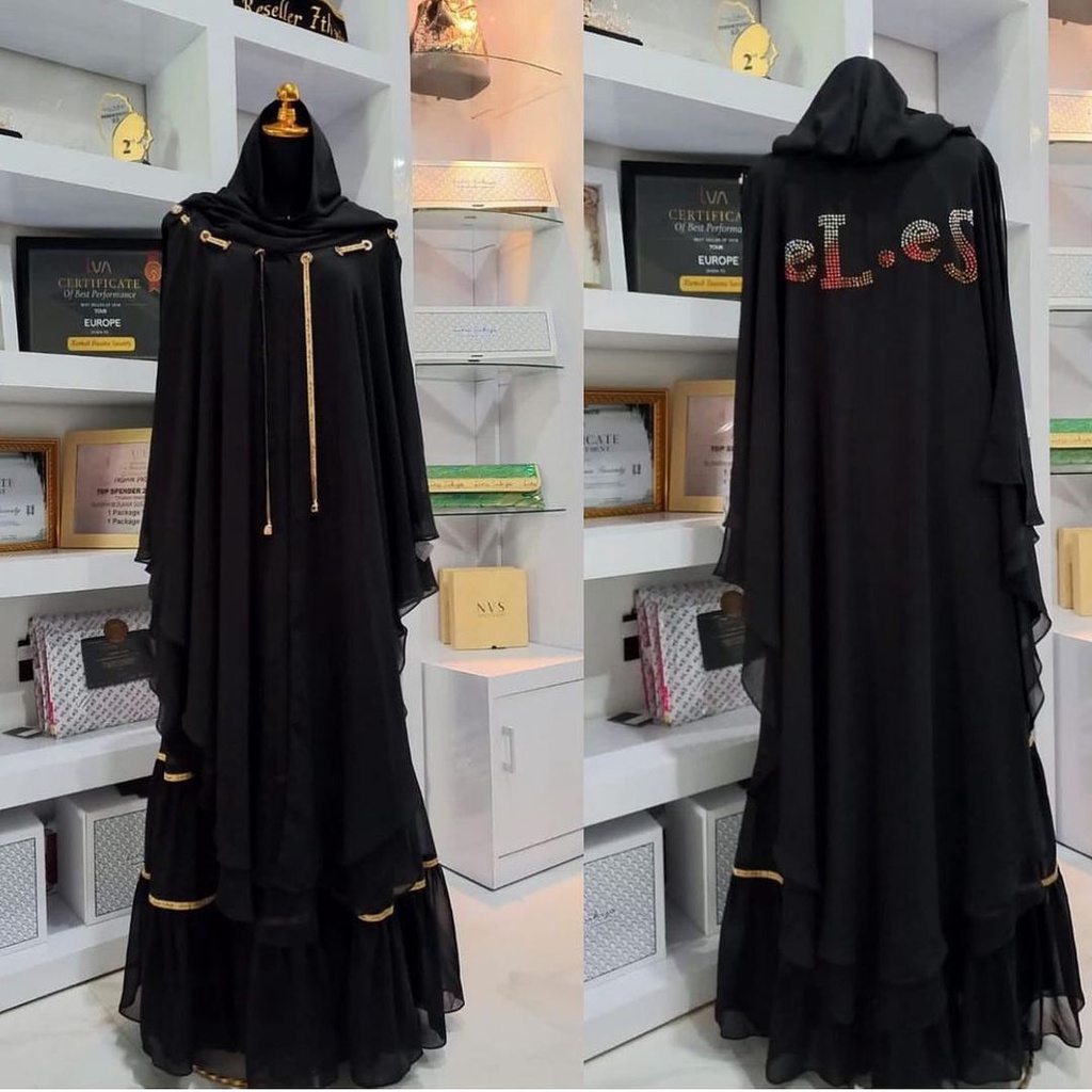 EL ES syari / gamis maxy dress set khimar hoodie bahan ceruti babydoll premium / Ld110cm Pb140cm / s