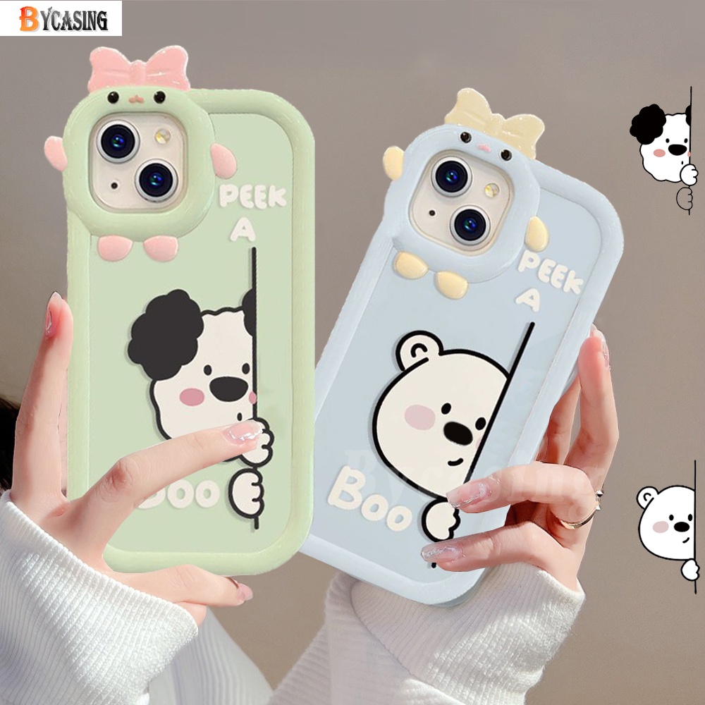 Redmi Note 12 Pro Note 11S 10C 10A Note 9C 9A 10 9T 9 Note10 5G 10s Note9 Note8 Poco X3 NFC M3 Pro A1 3D Bow-knot Monster Lensa Lucu Peek a Boo Bear Puppy Shockproof Couple Case Oleh Oleh