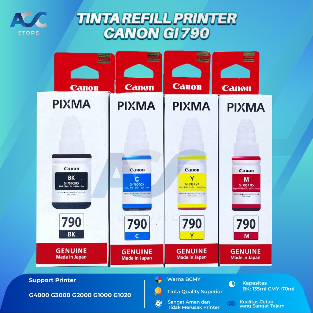 1 SET 4 PCS Tinta Canon Gi 790 Isi Ulang Printer G1000 G1010 G2000 G2002 G2010 G3000