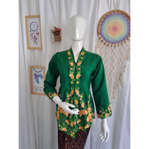 kebaya katun modern bordir hijau botol