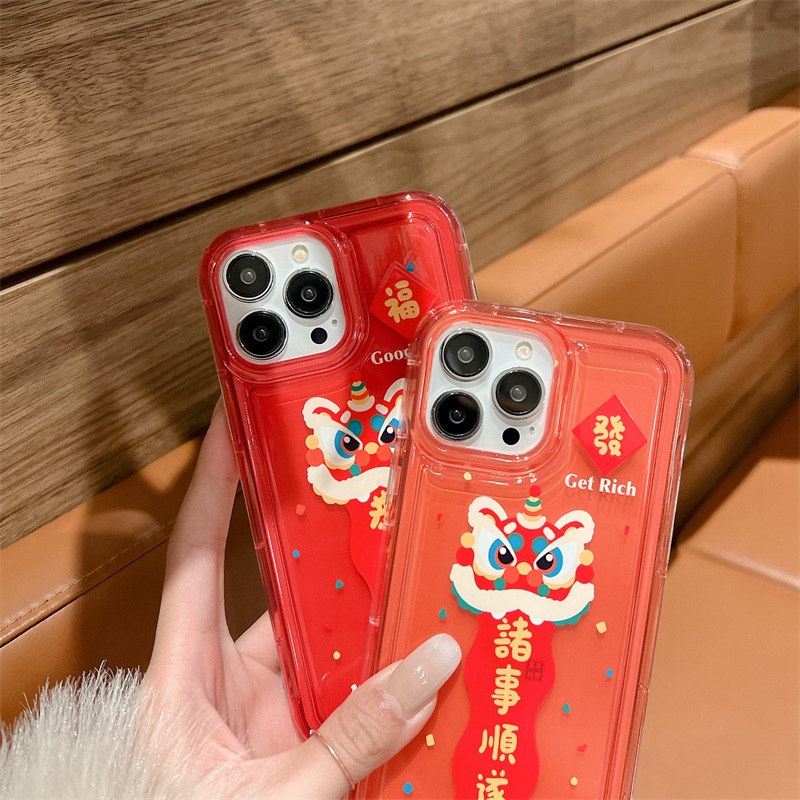 IPHONE 2023tahun Baru Cina Menari Singa Merah Casing Ponsel Cover Untuk Iphone7 8 PLUS X XR XS 11 12 13 14 PRO MAX SE 2020 TPU Pelindung