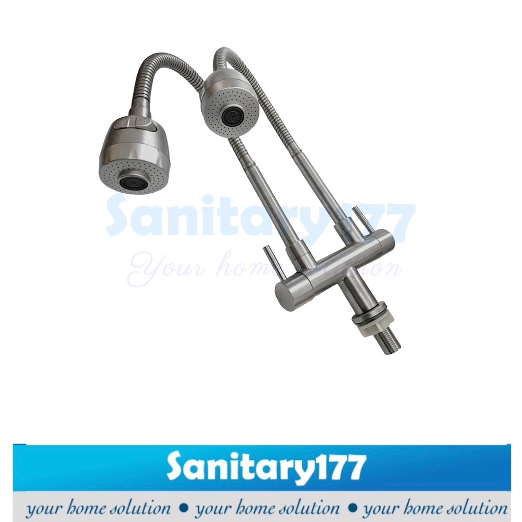 Kran sink double dapur TANAM meja stainless 304 angsa fleksibel  FV26-Keran air wastafel 2in1 tebal stenlis cuci piring 2 lubang sink minimalis Flexible