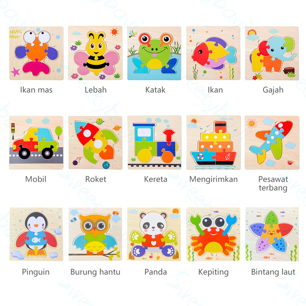 Sweetybayi 3D Puzzle kayu mainan edukasi Wooden toys kartun Jigsaw puzzle anak