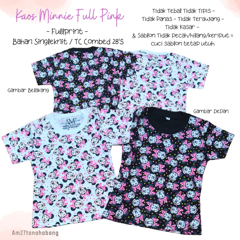 BAJU KAOS ANAK CEWEK Bayi 3 bulan s/d 10 tahun Fullprint Katun - Minnie FullPiNk