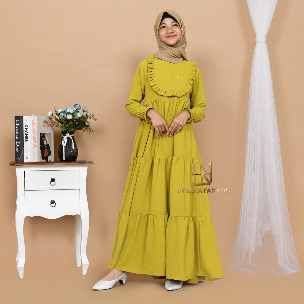 VINA KIDS GAMIS cringkle ANAK perempuan remaja tanggung 9-17 tahun fashion muslim longdress KID girl serut susun modern premium warna putih tulang pink fuchia sage green hitam bata mocca lemon olive broken white gamis putih manasik haji mengaji terbaru