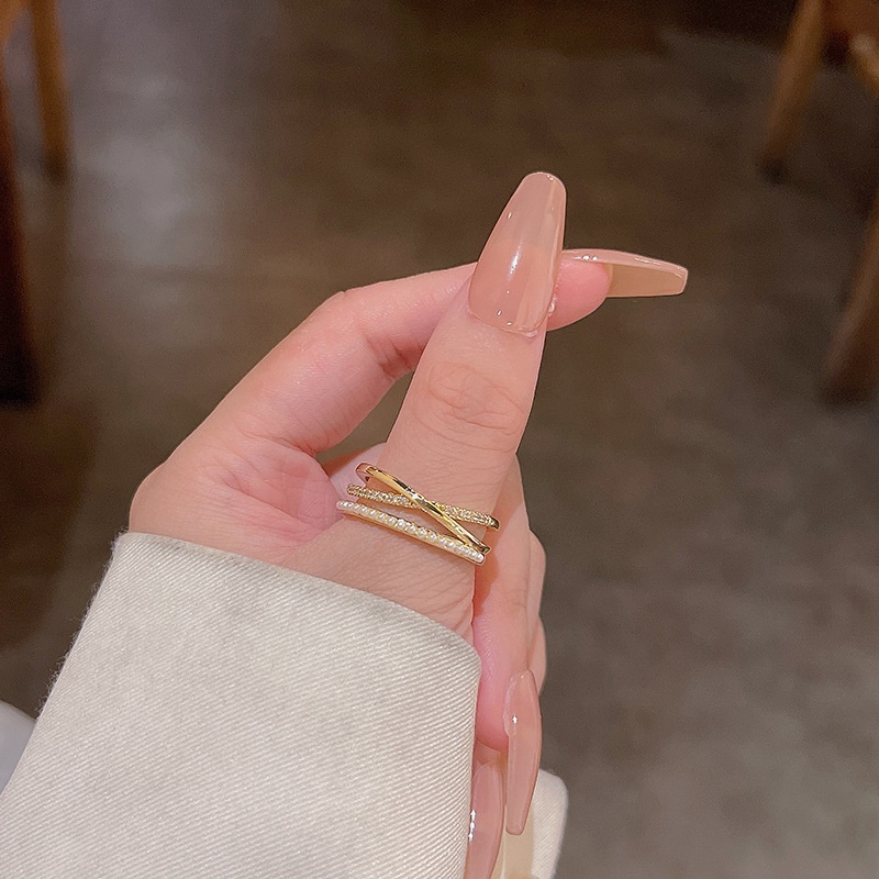 Hadiah Yang Indah Wanita Fashion Perhiasan Korea Super Peri Temperamen Pesta Rings Elegan Sederhana Wanita Double-layer Mutiara Jari Cincin Adjustable Open