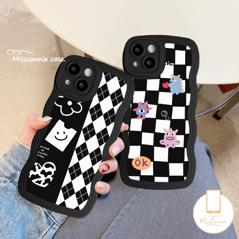 IPHONE Case Kompatibel Untuk Iphone6 6s 87plus 11 14 13 12 Pro Max 14Plus XR X XS Max SE 2020papan Catur Diamond Grid Kartun Monster Kecil Lembut TPU Bergelombang Penutup Tepi