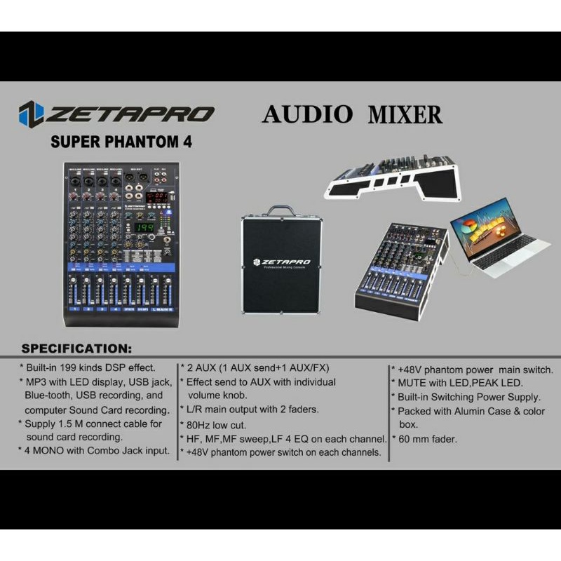 [ORIGINAL] MIXER AUDIO ZETAPRO SUPER PHANTOM 4 4CH WITH 199DSP EFFECT FREE KOPER