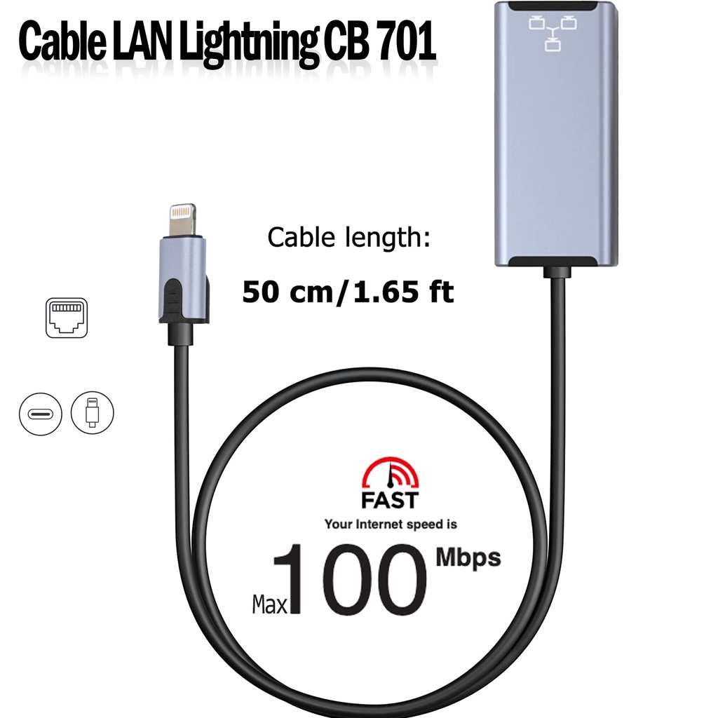 Ethernet Adapter Converter Lightning 10 Mb/s-100Mbps Network RJ45 LAN - CB 701