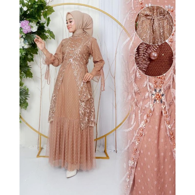 Permata Olshop / Kebaya Gamis Ayudia JN / Gamis Brukat Tulle Modern Terbaru /Kebaya Kondangan /Gamis Pesta Mewah / Gamis Modern / Gamis Payet