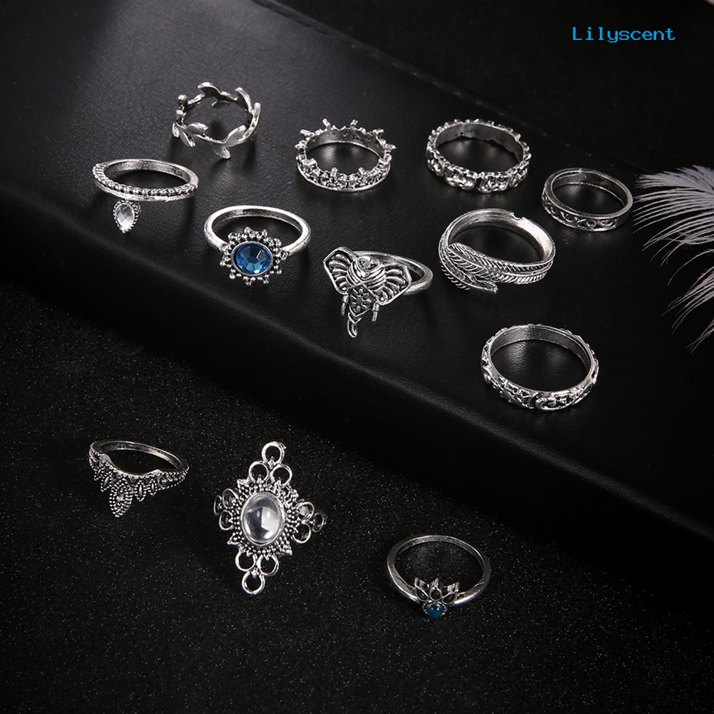 [LS]12Pcs Wanita Vintage Boho Faux Gemstone Rhinestone Perhiasan Berlian Imitasi Knuckle Susun Rings