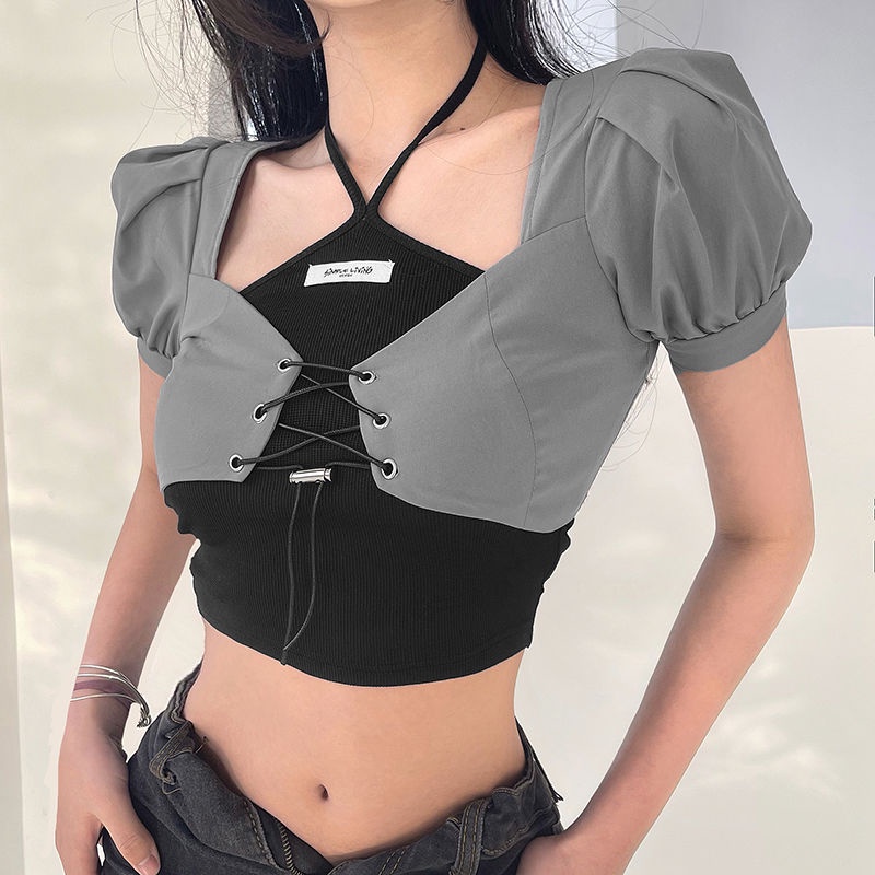 ▽✒✑Suhao 22 Musim Panas Baru Eropa dan Amerika Desain Manis dan Keren Gaya Rompi Kamisol Wanita Keren Gadis Slim T-shirt dua Potong Tren