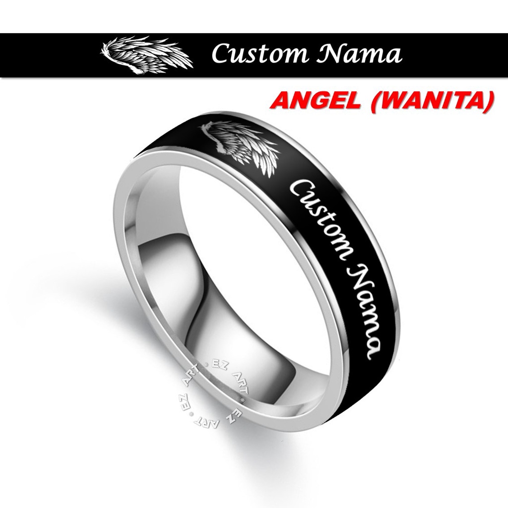 2Pcs CINCIN COUPLE CUSTOM NAMA TEMA PASANGAN SAYAP ANGEL &amp; DEVIL STAINLESS STEEL ANTI KARAT