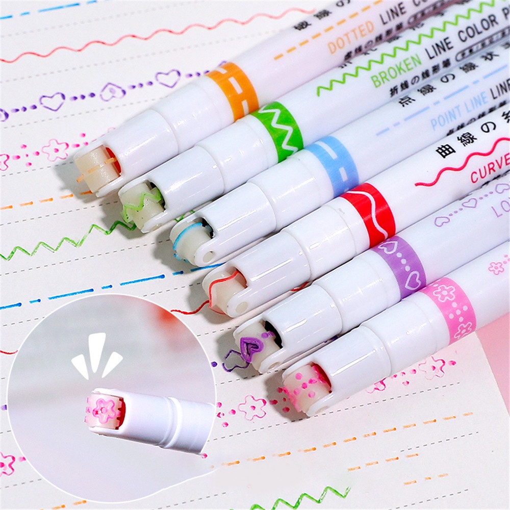 [COD Tangding] 6 Pcs Colorful Roller Wavy Line Pens DIY Akun Tangan Cepat Kering Stabilo Siswa Alat Tulis