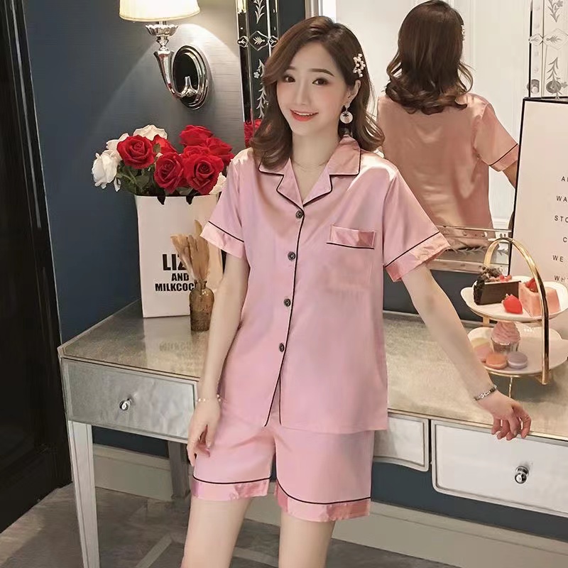 Setelan piyama tank top, atasan + celana pendek, setelan renda dua potong hitam