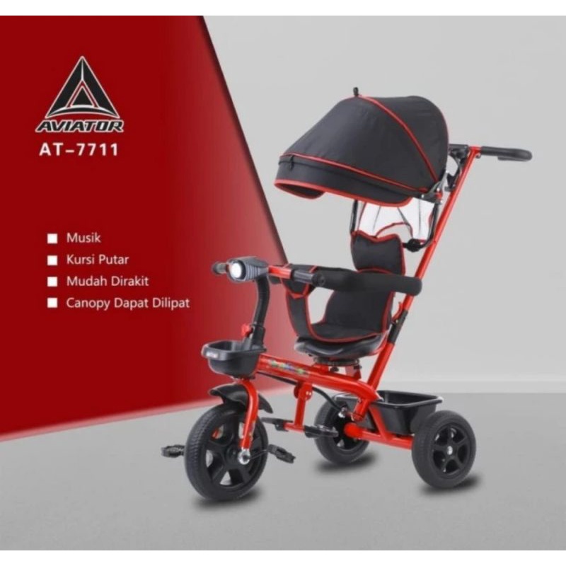 Sepeda Roda Tiga Anak Aviator 7711 Dorongan Musik Kanopy Jok Putar