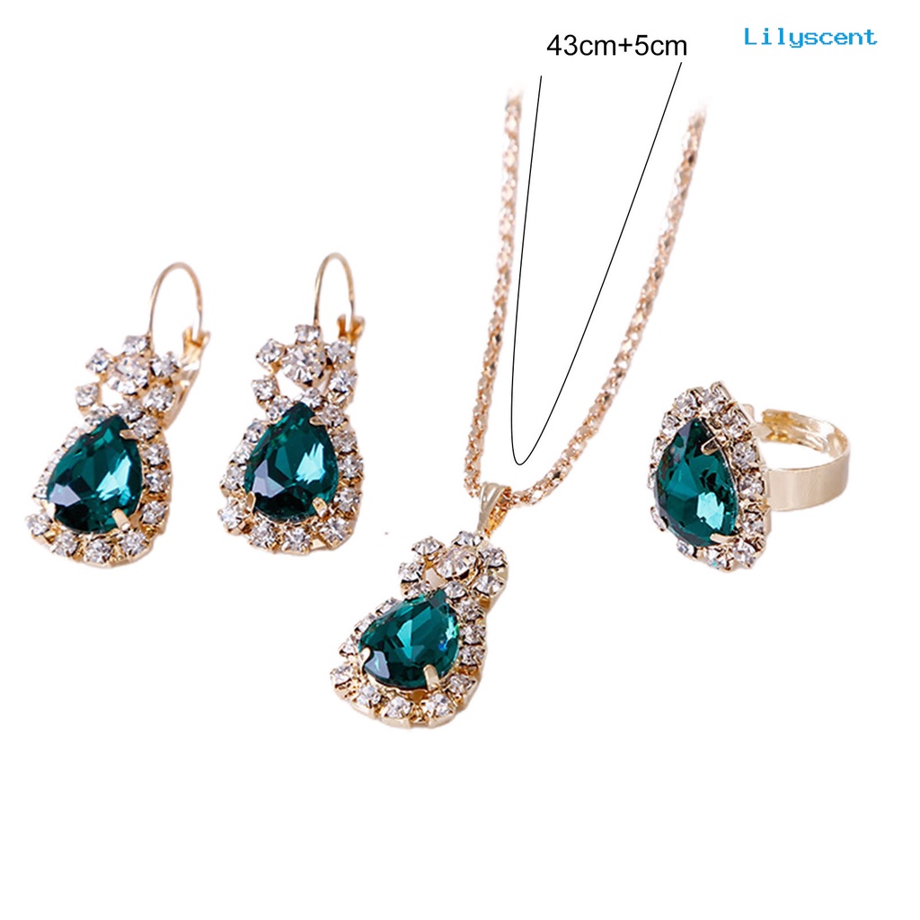 [LS] 3pcs/set Ladies Pendant Necklace Bentuk Tetesan Air Aksesori Tahan Aus Elegan Kalung Menjuntai Anting Cincin Set Untuk Pernikahan