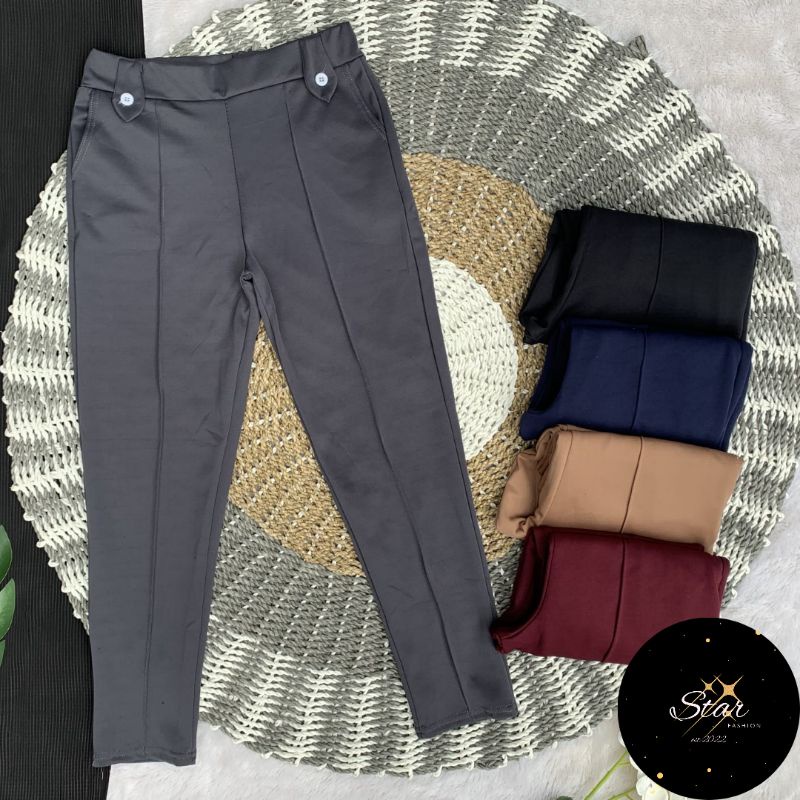 CELANA PANJANG JUMBO WANITA SCUBA BAHAN MELAR KARET PINGGANG KANCING HITAM PUTIH SLIM FIT BAWAH PENS