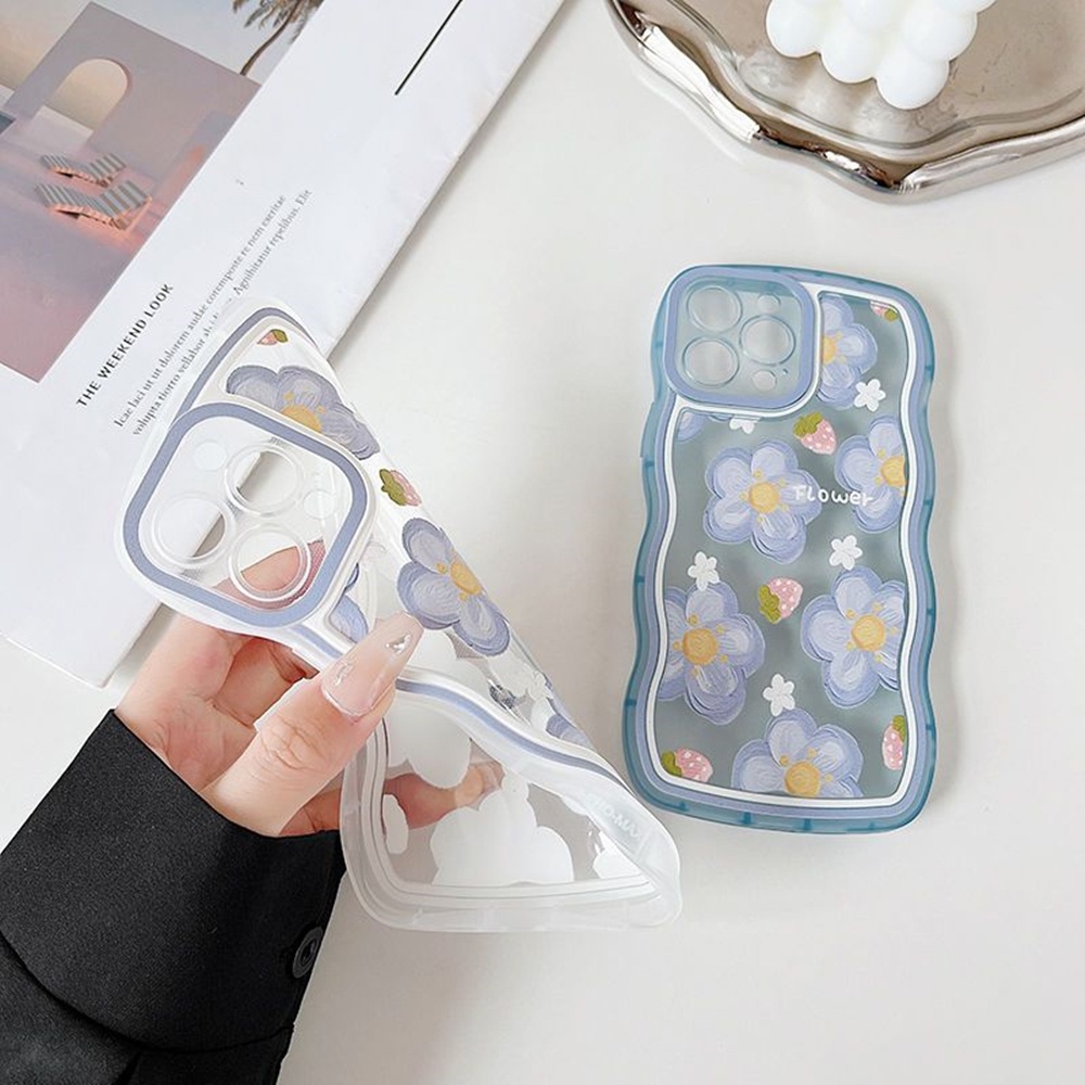 Oppo A17 A16 A57 2022 A77S A15 A16K A54 A53 A12 A5S A7 A3S A11k A31 A52 A92 A94 A93 A37 F9 A1K A76 Bunga Strawberry Tepi Gelombang TPU Phone Case Cover KAIJIE