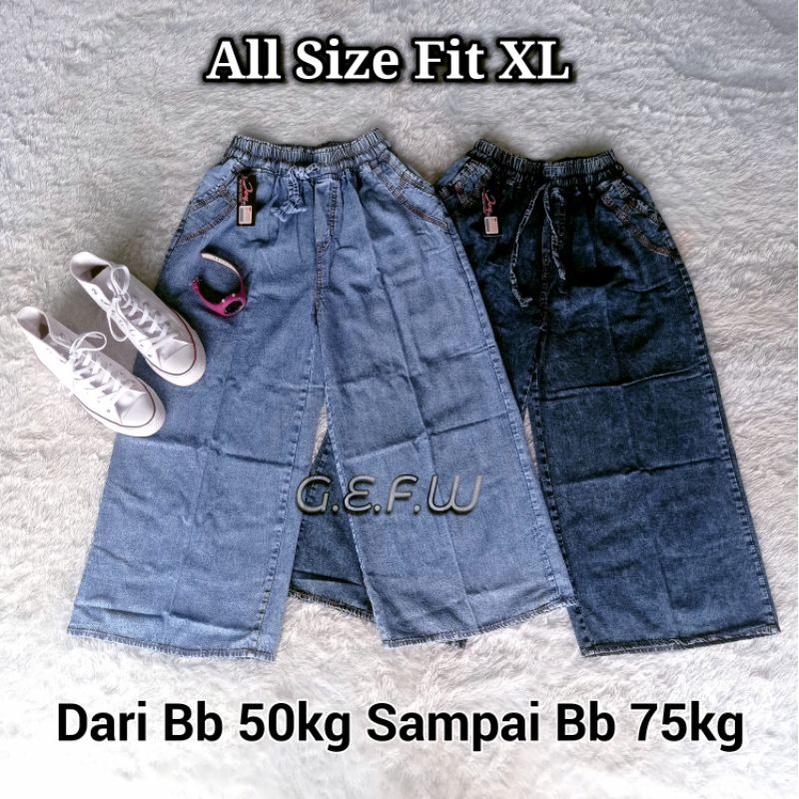 Celana Kulot Snow Jeans Biasa Polos All Size Fit Xl Dari Bb 50kg Sampai Bb 75kg / Kulot Levis Panjang Warna Hitam Snow Biru Snow Model Pinggang Karet Bahan Denim Lembut Halus Tidak Luntur